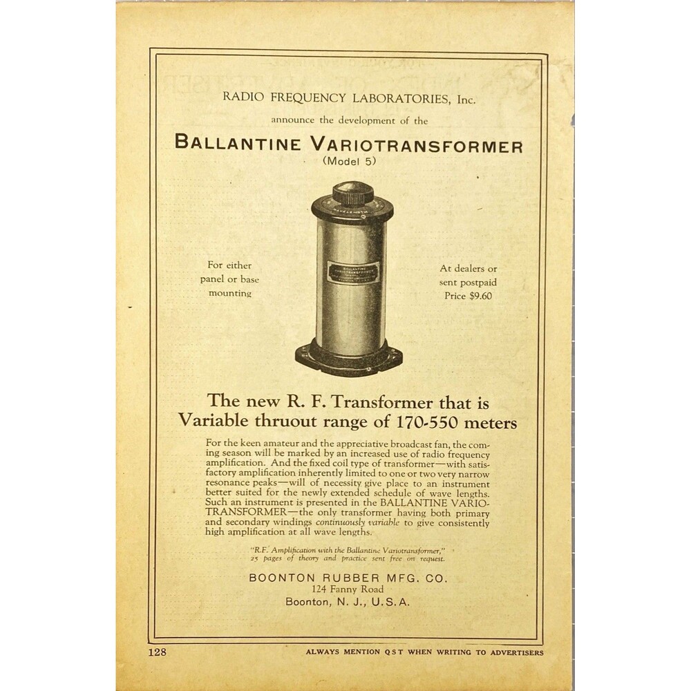 Boonton Rubber MFG. R.F. Variotransformer "Range of 170-550 Meters"Print Ad 1923